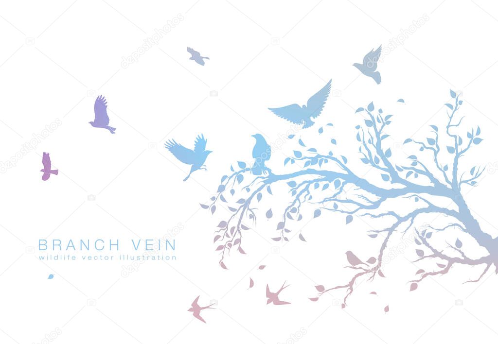 figure set multicolored flock of flying birds on tree branch