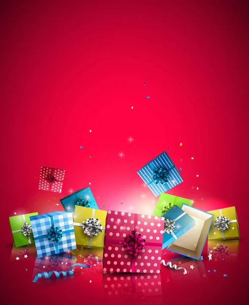 Scatole regalo colorate su sfondo rosso — Vettoriale Stock
