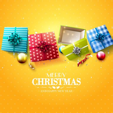 Hediye kutuları ve baubles ile modern Noel tebrik kartı