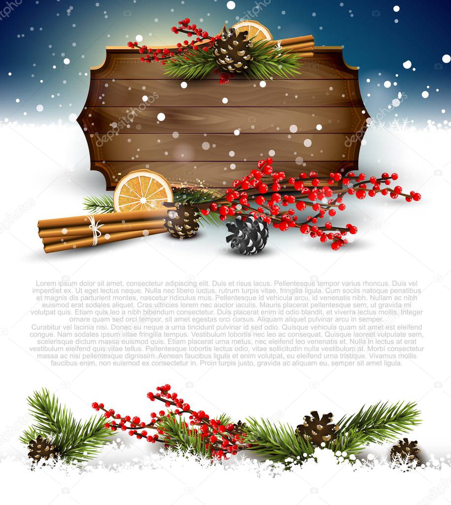 Christmas background with traditional decorations and wooden sig