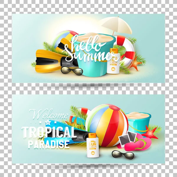 Summer banners with beach equipment — Stock Vector