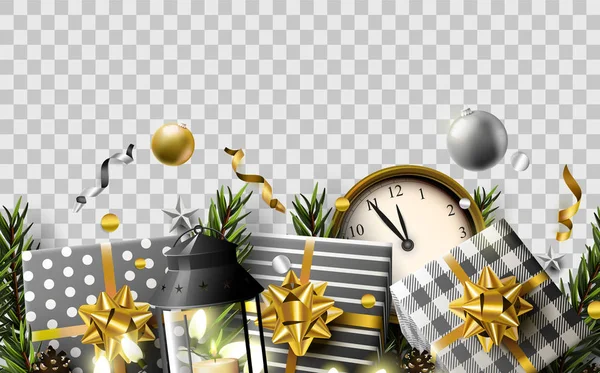 Vánoční hlavička s tradičními dekoracemi, dárkovými krabicemi a hodinami na průhledném pozadí. — Stockový vektor