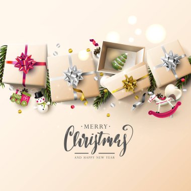 Mavi arka planda hediye kutuları olan lüks Noel tebrik kartı.