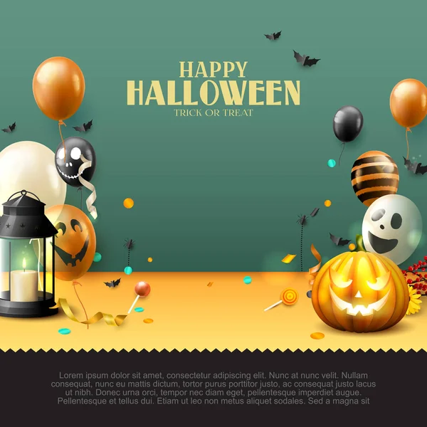 Luxuoso cartão de felicitações Halloween com balões, pupkin, lanterna — Vetor de Stock