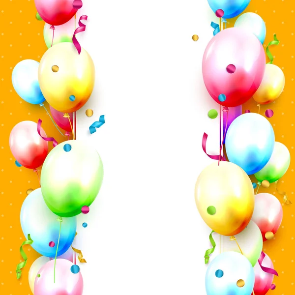 Colorful balloons and confetti on orange background — Stock Vector