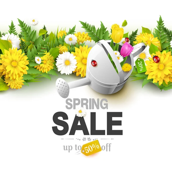Frühlingsverkauf Hintergrund Mit Blumen Gras Farn Und Marienkäfern Auf Weißem Vektorgrafiken