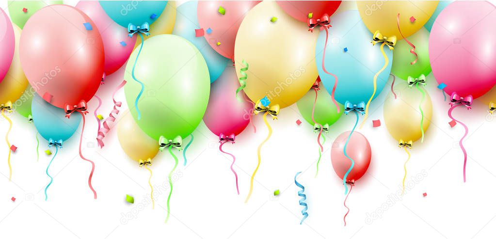 Birthday seamless border with colorful balloons on white background