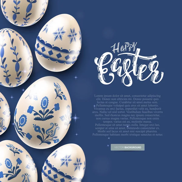 Moderne Pasen Folk Achtergrond Eieren Met Traditioneel Bloemenpatroon Blauwe Achtergrond — Stockvector