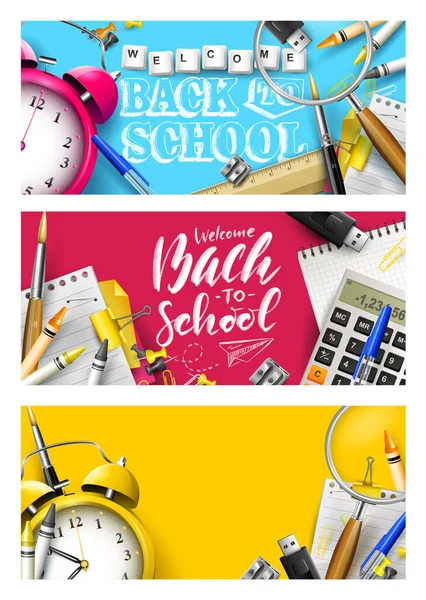 Voltar Para Cabeçalhos Escola Banners Com Material Escolar Quadro Verde —  Vetores de Stock