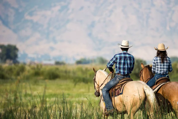 Casal Cavalgando Por Trás Com Vista Para Amplo Campo Aberto — Fotografia de Stock