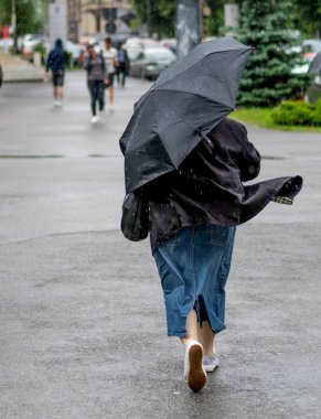 Sibiu, Romanya - 24 Nisan 2016: yaşlı kadın Sibiu, Romanya rüzgarlı bir yağmurda bir şemsiye ile uyanma.