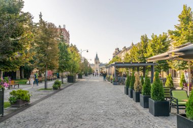 Iasi, Romanya - 6 Ağustos 2019: Romanya 'nın Iasi kentindeki Büyük Bulvar. Romanya 'nın Iasi kentindeki Kültür Sarayı' na giden Iasi 'nin en manzaralı caddesi. Iasi 'deki güzel yaya sokağı..