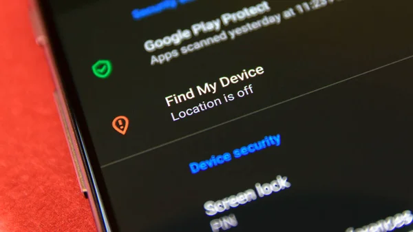 Cluj Rumunia Lip 2019 Znajdź Moje Urządzenie Menu Ustawień Android — Zdjęcie stockowe