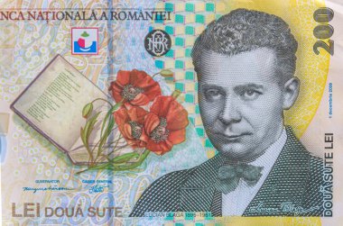 200 Ron banknotundaki Lucian Blaga portresi. Romen Para Birimi 'nden Ron Coloseup. Romanya Merkez Bankası Bnr tarafından yayınlanan Rumen Ron ve Lei Banknotes. Romanya Maliye ve Ekonomi Konsepti.