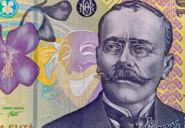 100 Ron banknotunun üzerindeki Ion Luca Caragiale portresi. Romen Para Birimi 'nden Ron Coloseup. Romanya Merkez Bankası Bnr tarafından yayınlanan Rumen Ron ve Lei Banknotes. Romanya Maliye ve Ekonomi Konsepti.