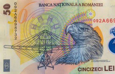 Romanya para birimi - 50 Ron banknotunun kapanışı. Romen Para Birimi 'nden Ron Coloseup. Romanya Merkez Bankası Bnr tarafından yayınlanan Rumen Ron ve Lei Banknotes. Romanya Maliye ve Ekonomi Konsepti.