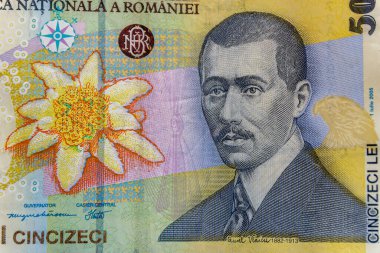 50 Ron banknotundaki Aurel Vlaicu portresi. Romen Para Birimi 'nden Ron Coloseup. Romanya Merkez Bankası Bnr tarafından yayınlanan Rumen Ron ve Lei Banknotes. Romanya Maliye ve Ekonomi Konsepti.
