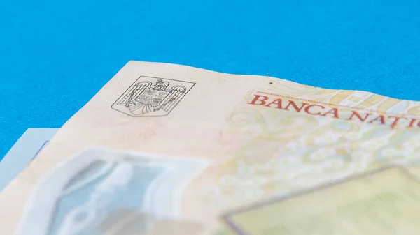 Billetes Rumanos Sobre Fondo Azul Rojo Coloseup Ron Moneda Rumana — Foto de Stock