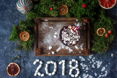 Sıcak çikolata veya kakao marshmallows, Kuru portakal, şeker ve tarçın, Noel ve yeni yıl dekorasyon ile