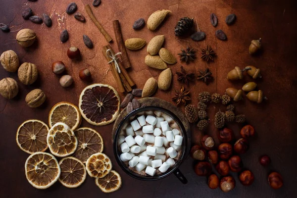 Φλιτζάνι παραδοσιακή ζεστή σοκολάτα ή κακάο με marshmallow, κανέλα, ξηρούς καρπούς και μπαχαρικά σε σκούρο πέτρινο τραπέζι — Φωτογραφία Αρχείου