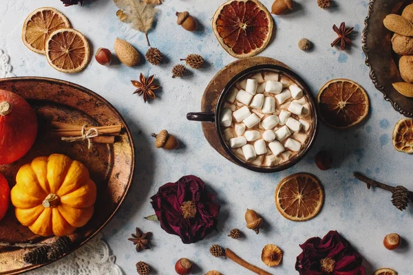 Düz ev yapımı kakao marshmallows, baharat ve kabak ile yatıyordu