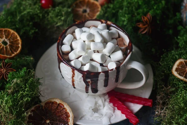 Чашка горячего шоколада или какао с зефиром и корицей, рождество или новогоднее украшение — стоковое фото