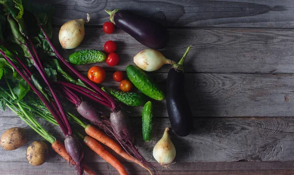 Verschiedenes Bio-Gemüse auf rustikalem Holzgrund, gesunder Lebensstil, Herbsternte, Rohkost, Draufsicht — Stockfoto