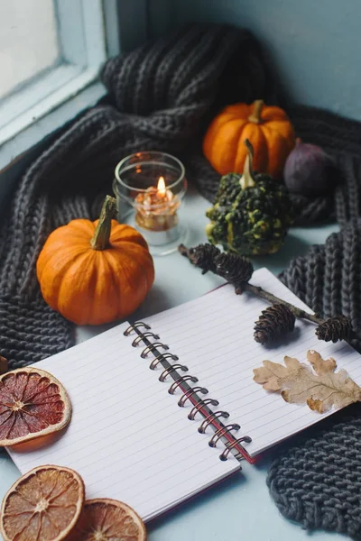 Przytulne jesień tło, notebook, dekoracyjne dynie, suszone pomarańcze, Świeca, orzechy, cynamon i jesiennych liści — Zdjęcie stockowe