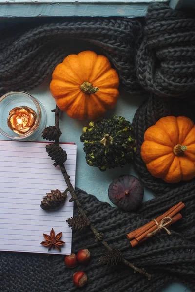 Cozy autumn background, notebook, decorative pumpkins, dried oranges, candle, nuts, cinnamon and autumn leaves