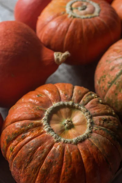 Zucche biologiche arancioni sul tavolo di legno, fondo zucca per il Ringraziamento, raccolta autunnale — Foto Stock