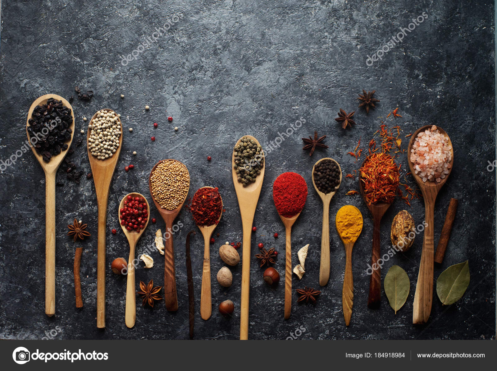 Colorful Spices In Wooden Spoons Stock Photo, Picture and Royalty