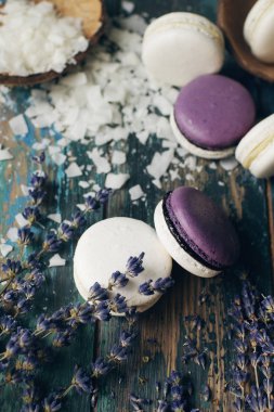 Kuru lavanta çiçekleri ve hindistan ceviziyle süslenmiş beyaz ve mor badem kurabiyeleri.