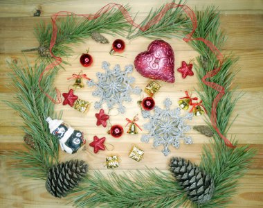 Ahşap arka plan christmas dekorasyon kompozisyonu