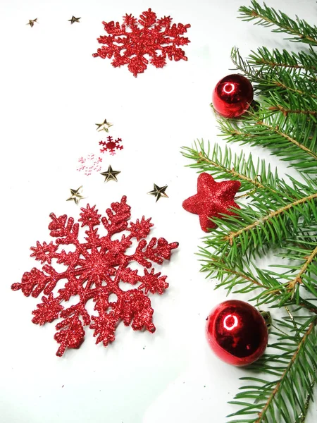 Jul dekoration sammansättning med fir grenar på vit baksida — Stockfoto