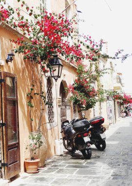 parlak bougainvillaea Yunanistan ile geleneksel sokak 