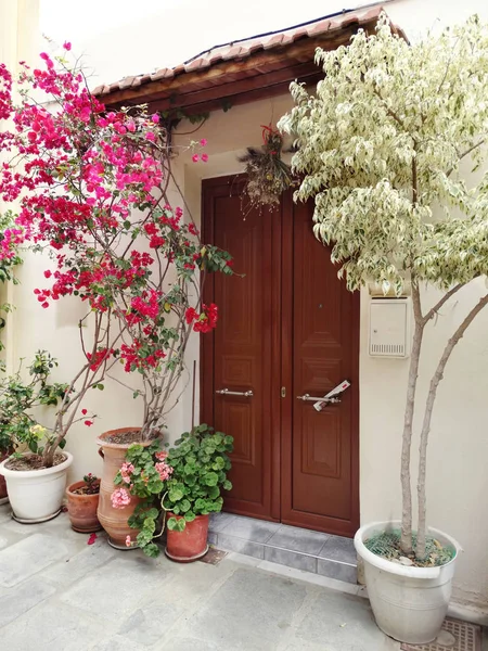 Traditional street amoung bougainvillaea in Greece — Stock Photo, Image