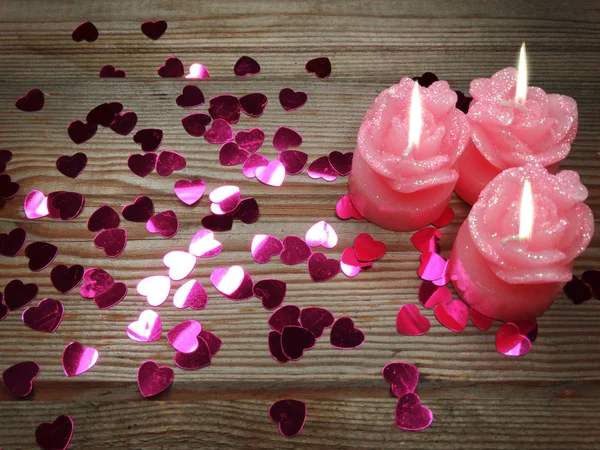 Heart candles love valentine's day on wooden background — Stock Photo, Image