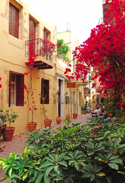 Traditionele straat met heldere bougainvillea in Griekenland — Stockfoto
