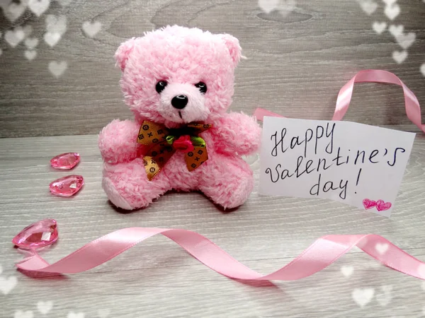 Valentine's day composition of gift box teddy bear and hearts — Stock Photo, Image