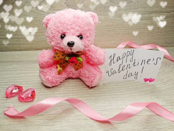 Valentine's day composition of gift box teddy bear and hearts — Stock Photo, Image