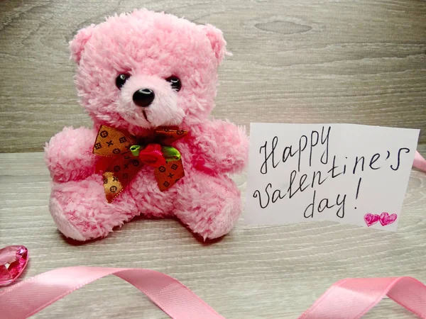 Valentine's day composition of gift box teddy bear and hearts — Stock Photo, Image