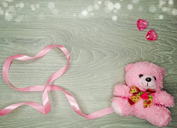 Valentine's day composition of gift box teddy bear and hearts — Stock Photo, Image