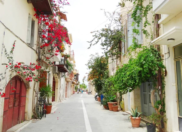 Calle tradicional con buganvillas brillantes en Grecia — Foto de Stock