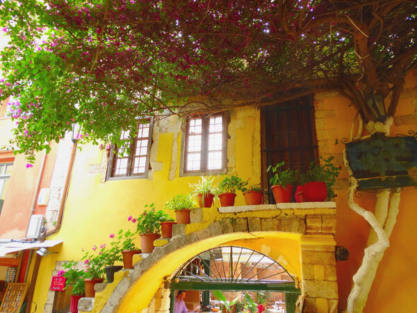 Traditional terrace with flowering bushes architecture detail in Greece