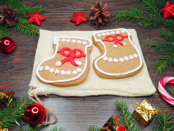 christmas cookies gingerbread and decoration on wooden backgroun