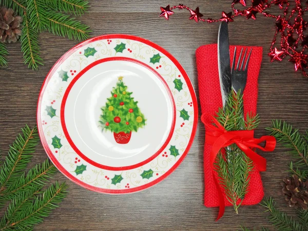 Noel tablo yer ayarını Çamın dalları ve dekorasyon