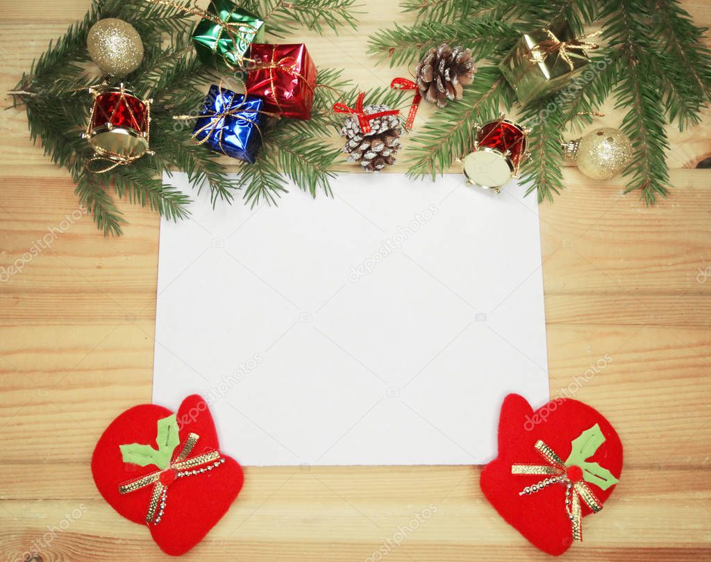 christmas letter empty paper to santa and decoration on wooden b