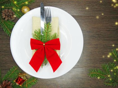 Noel tablo yer ayarını Çamın dalları ve dekorasyon