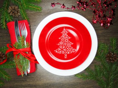 Noel tablo yer ayarını Çamın dalları ve dekorasyon