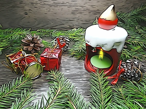 クリスマスの装飾や木製の背景にローソク足 — ストック写真